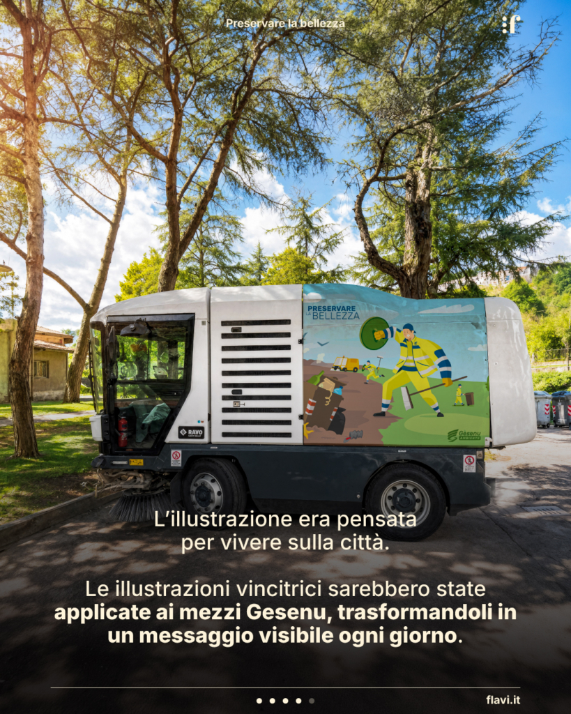 L’illustrazione era pensata per vivere sulla città. Le illustrazioni vincitrici sarebbero state applicate ai mezzi Gesenu, trasformandoli in un messaggio visibile ogni giorno.