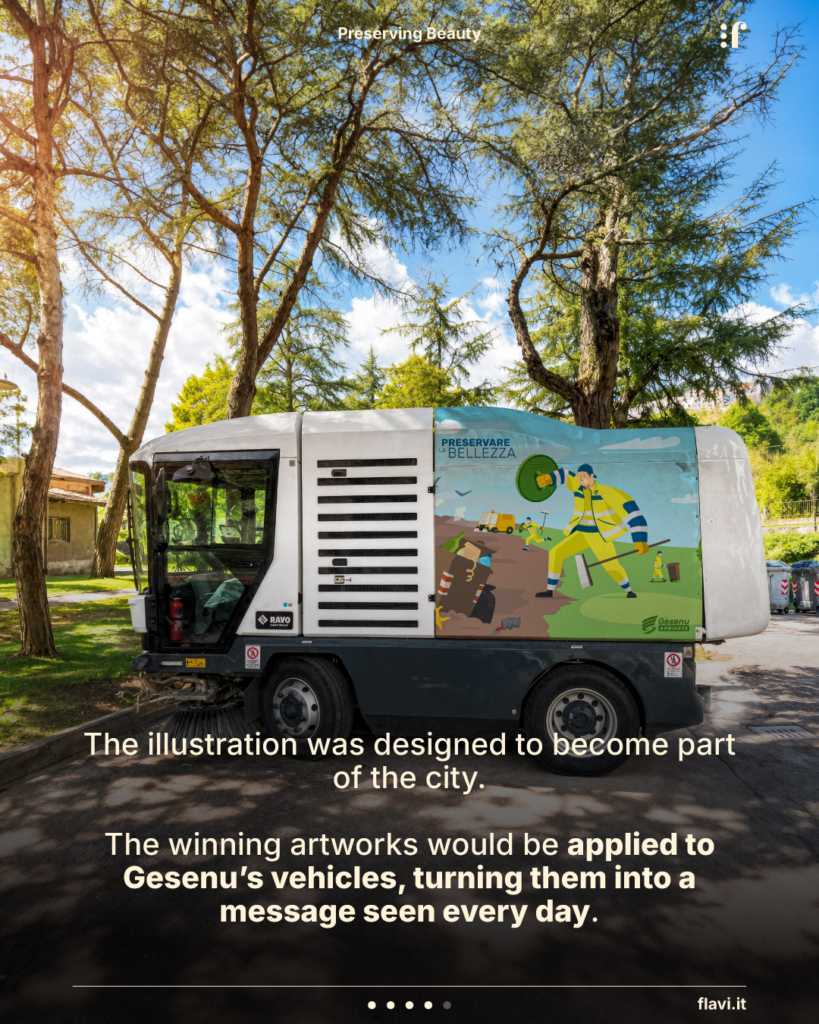 The illustration was designed to become part of the city. The winning artworks would be applied to Gesenu’s vehicles, turning them into a message seen every day.