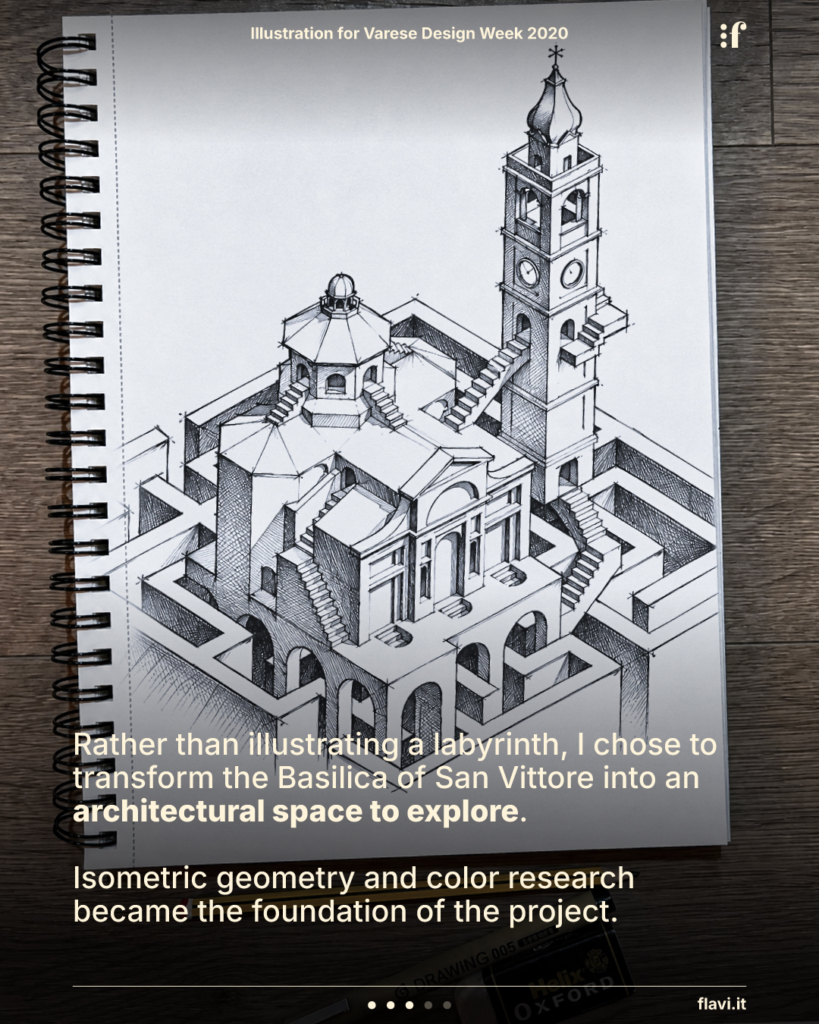 Rather than illustrating a labyrinth, I chose to transform the Basilica of San Vittore into an architectural space to explore. Isometric geometry and color research became the foundation of the project.
